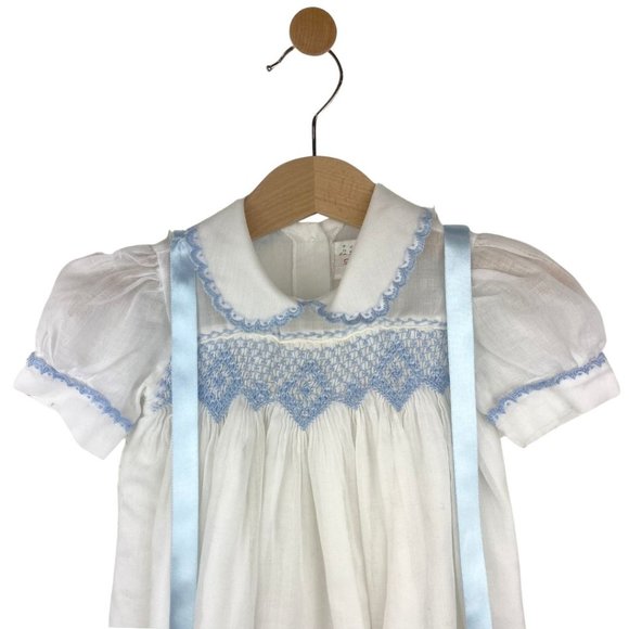 Vintage Linen Embroidery Baptism Onesie White and Light Blue 0-3 months - Picture 2 of 10